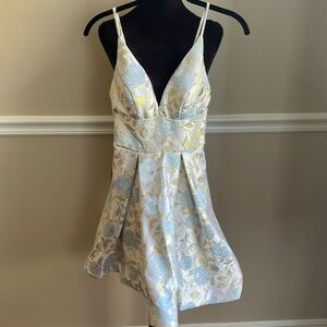 B Darlin Juniors' Metallic Jacquard Dress Cream/Gold/Light Blue Dress